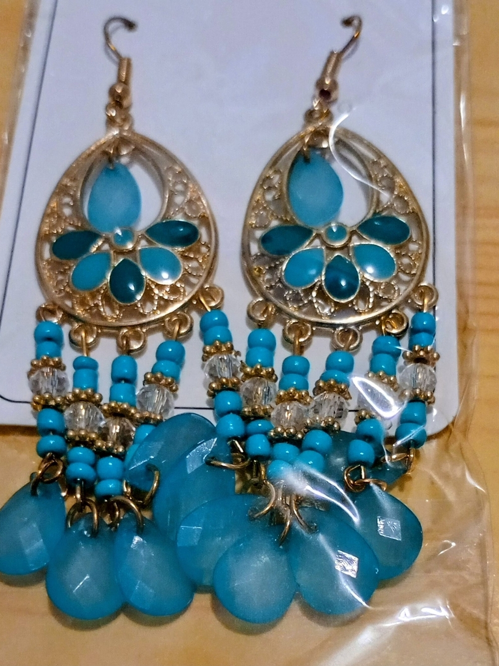 Gold-Tone Turquoise Teardrop Chandelier Earrings